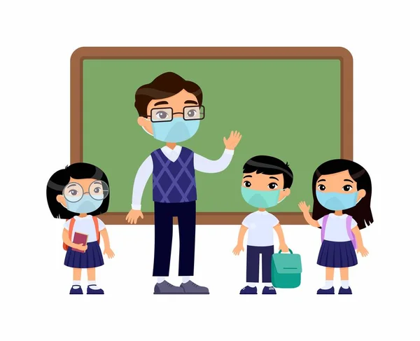 Guru Pria Asia Dan Murid Dengan Topeng Pelindung Wajah Mereka - Stok Vektor