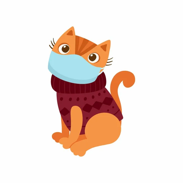 可爱的小猫 穿着保暖的毛衣 脸上戴着呼吸面具 预防呼吸道疾病和过敏症的概念 白色背景上的矢量说明 — 图库矢量图片