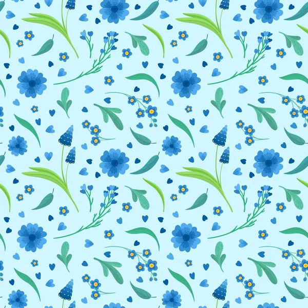 Blaue Blumen Blühen Flache Vektor Retro Nahtlose Muster Abstrakte Wildblumen — Stockvektor
