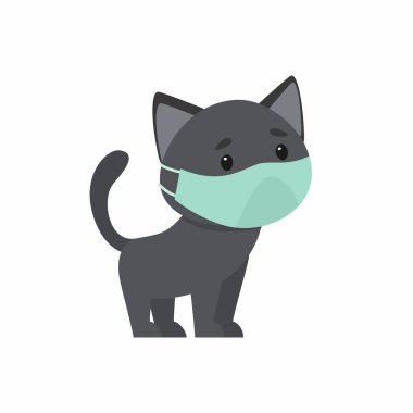Black kitten with a protective mask on his face. The concept of protection against respiratory diseases, allergies. Vector illustration on a white background.
