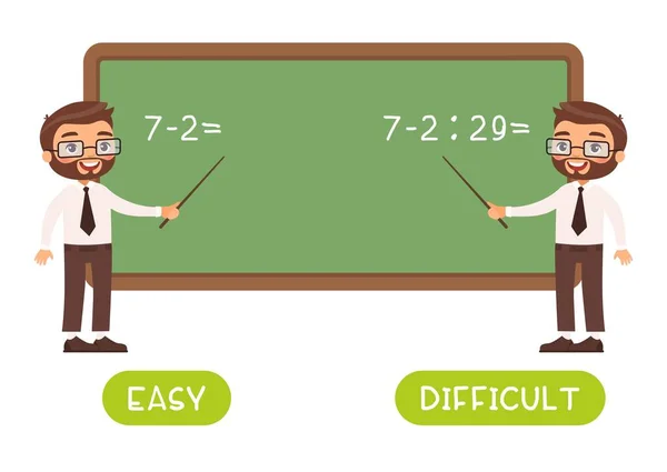 具有数学求和向量模板的教育用字卡 英语学习用的闪存卡 安东尼的概念 容易和困难 黑板平面插图旁边的数学老师 用排字 — 图库矢量图片