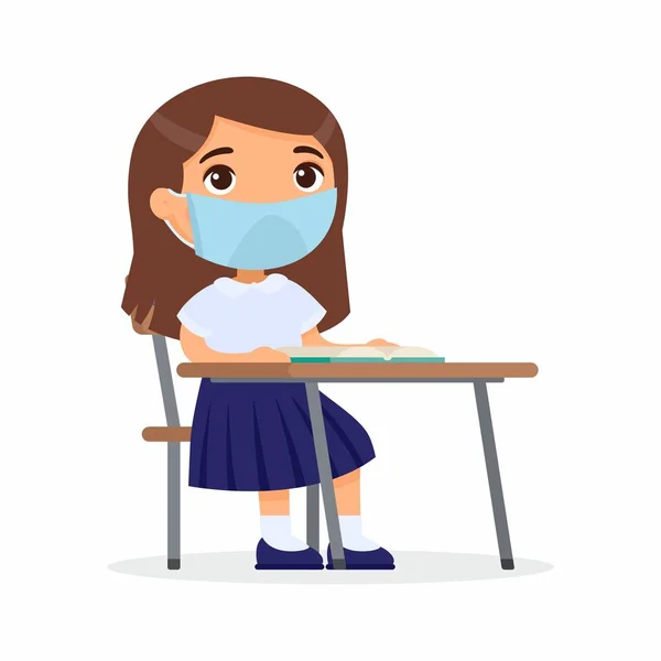 彼の顔フラットベクトルイラストセット上の保護マスクでレッスンで人形 女子高生は机の上の学校のクラスに座っている ウイルス対策アレルギーの概念 白い背景のベクトルイラスト — ストックベクタ