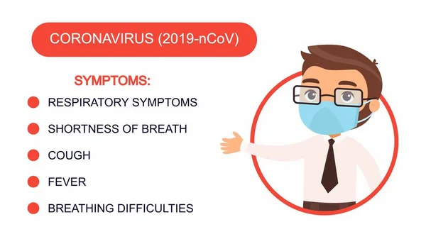 Pria Kartun Dalam Setelan Kantor Menunjukkan Daftar Gejala Coronavirus Karakter - Stok Vektor