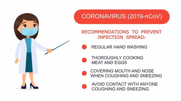 Kadın Doktor Koronavirüse Karşı Korunma Önerilerinin Bir Listesini Gösteriyor Yüzünde — Stok Vektör