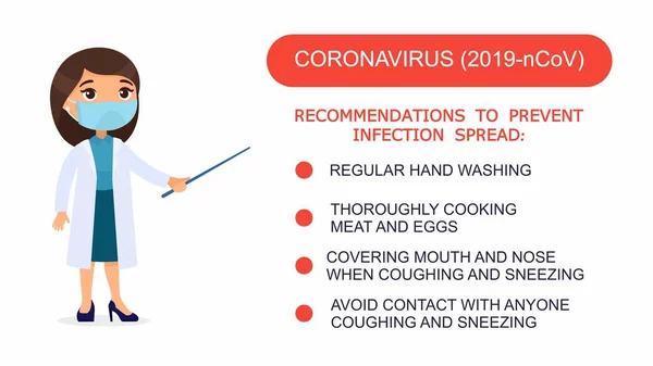 Kobieta Lekarz Pokazuje Listę Zaleceń Dotyczących Ochrony Przed Koronawirusem Postać — Wektor stockowy