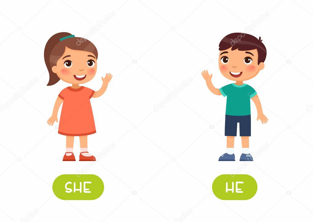 She and he antonyms flashcard vector template. Word card for english language learning with flat characters. Opposites concept. Girl and boy waving hand illustration with typography
