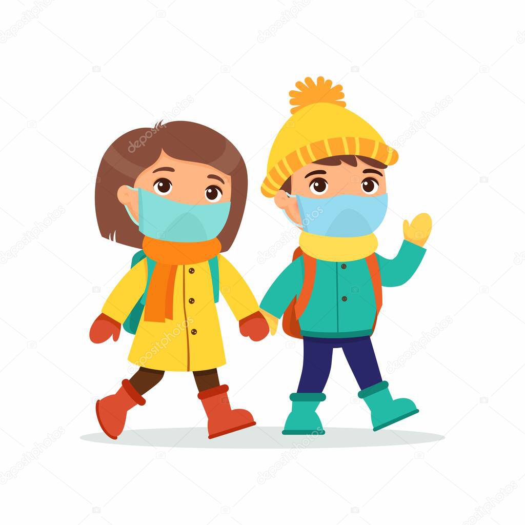 Schoolgirl and schoolboy going to school flat vector illustration. Couple pupils with medical masks on their faces holding hands isolated cartoon characters. Two elementary school students with backpacks waving hand and greeting