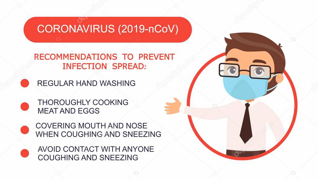 Cartoon man in an office suit points to a list of recommendations for protection against coronavirus. Character with a madical mask on his face. Virus protection infographics. Vector illustration on a white background.