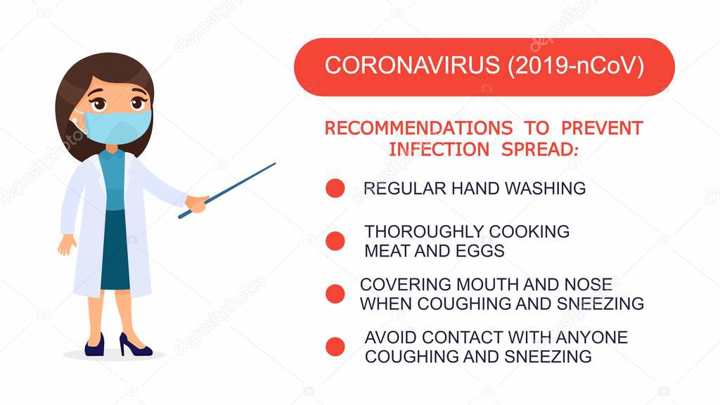 Woman doctor shows a list of recommendations for protection against coronavirus. Character with a medical mask on her face. Virus protection infographics. Vector illustration on a white background.