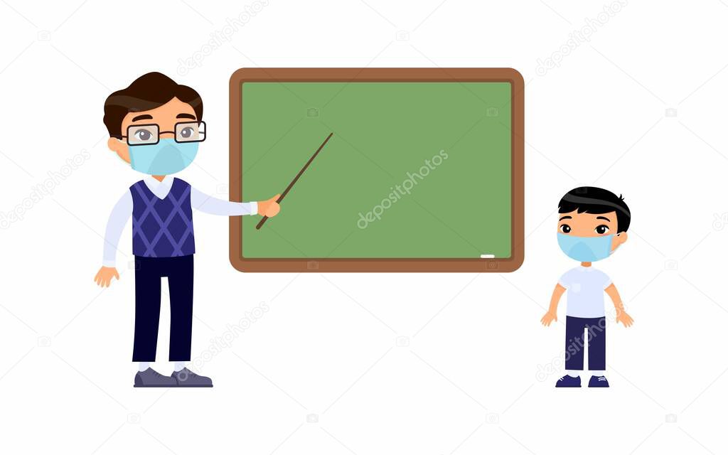 Teacher and elementary school pupil with protective masks on their faces flat vector illustration. Teacher male and school boy standing at blackboard. Respiratory protection, allergies concept. Vector illustration on a white background.