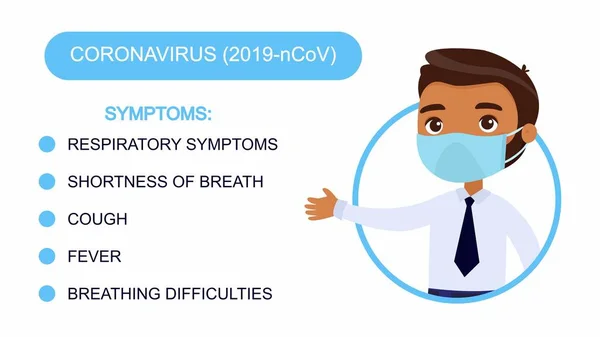 사무실 양복을 만화같은 피부의 남자는 코로나 바이러스 증상의 목록을 지적한다 — 스톡 벡터