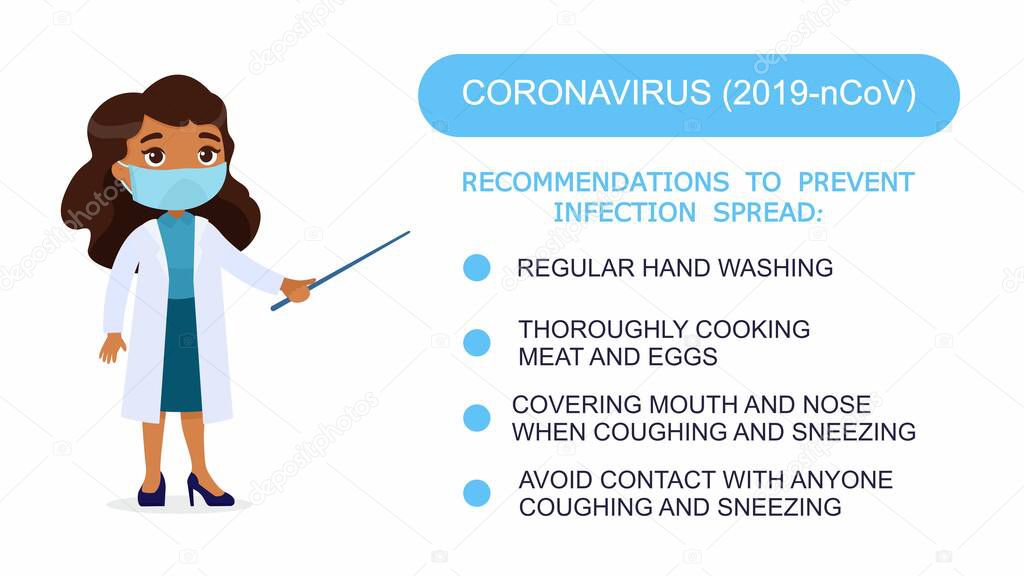 Woman doctor shows a list of recommendations for protection against coronavirus. Character with a medical mask on her face. Virus protection infographics. Vector illustration on a white background.