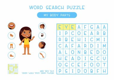 My body parts word search puzzle flat vector design. Anatomy learning game for kids template, cartoon worksheet idea. Childish printable crossword with human external organs names layout