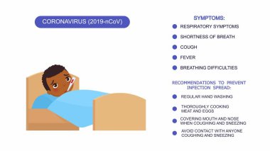 Yatağında termometresi olan hasta, koyu tenli bir çocuk. Coronavirus 'a karşı korunma önerilerinin listesi, koronavirüs belirtileri. Beyaz arkaplanda vektör illüstrasyonu.