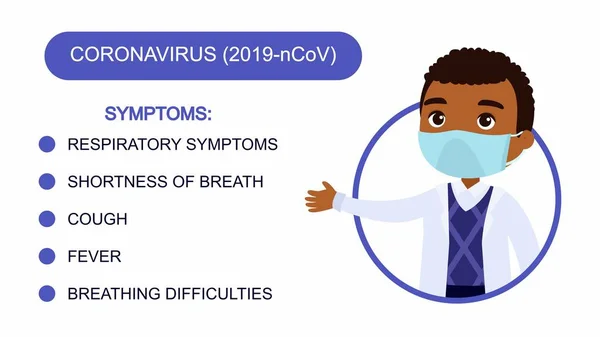 Мультяшный Темнокожий Мужчина Офисном Костюме Указывает Список Симптомов Коронавируса Характер — стоковый вектор