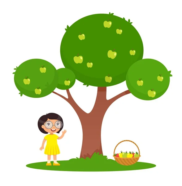 Niña Recogiendo Manzanas Ilustración Vector Plano Niño Adorable Pie Bajo — Vector de stock