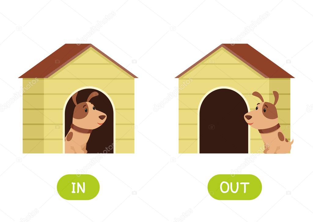 In and out antonyms word card flat vector template. Flashcard for english language learning. Opposites concept. Puppy in doghouse and outside cartoon illustration with typography