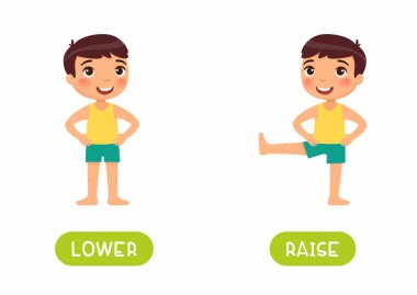 Karşıt isimlerin hafıza kartı şablonunu yükselt ve düşür. Düz karakterli İngilizce dili öğrenmek için kelime kartı. Konseptin zıttı. Çocuk egzersiz yapıyor, bacak illüstrasyonunu tipografiyle yükseltiyor.