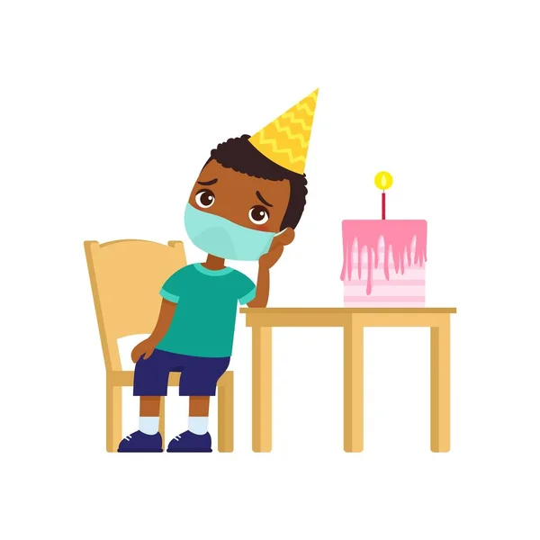 Little Dark Skin Boy Sad Her Birthday Cute Kid Medical — Stock Vector