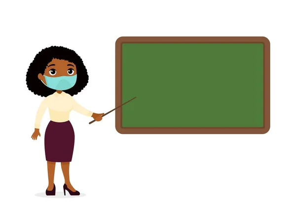 Dark Skin Female Teacher Protective Masks Her Face Standing Blackboard — Stock Vector