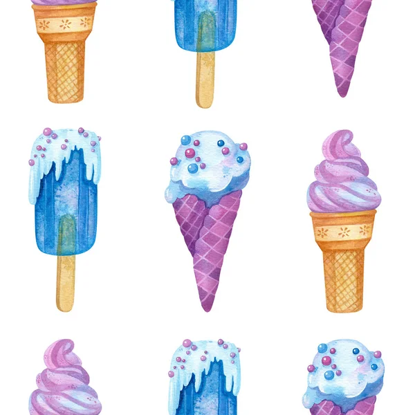 冰淇淋手绘无缝图案 冰冻甜点的彩绘 冰淇淋锥和冰棍的质感 创意墙纸 包装纸 纺织品设计 — 图库照片