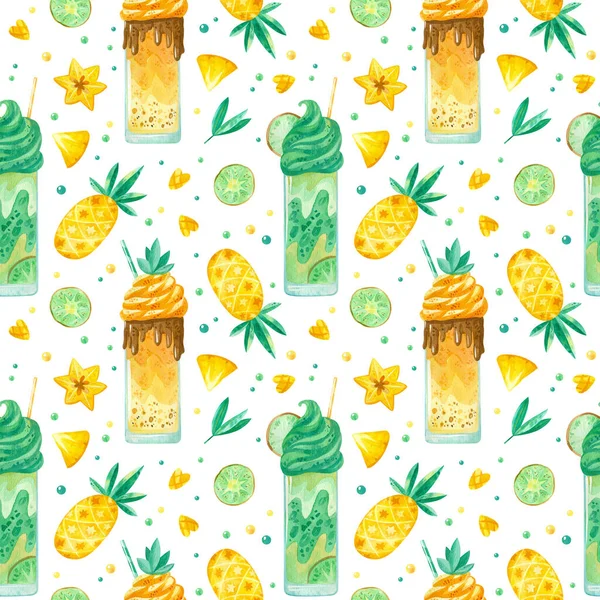 Sweets Yummies Hand Drawn Seamless Pattern Milkshakes Pineapple Carambola Kiwi — Stock Photo, Image