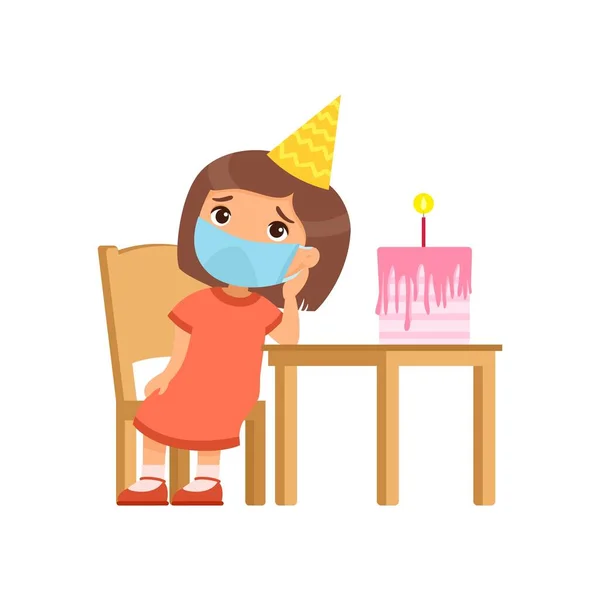 女の子は誕生日に悲しい 彼の顔に医療マスクをしたかわいい子供が椅子に座っています 誕生日だけ ウイルス対策アレルギーの概念 白い背景のベクトルイラスト — ストックベクタ