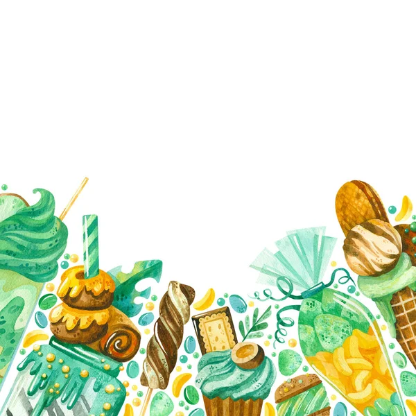Pusta Kwadratowa Ramka Słodyczami Ręcznie Rysowane Ilustracji Granica Cukiernia Akwarela — Zdjęcie stockowe