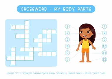 My body parts crossword flat vector template. Learning human anatomy kids puzzle; cute worksheet; educational game with little girl cartoon character. English cross word with external organs names