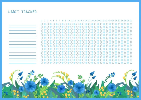 Habit Tracker Pour Modèle Vecteur Plat Mois Fleurs Sauvages Bleues — Image vectorielle