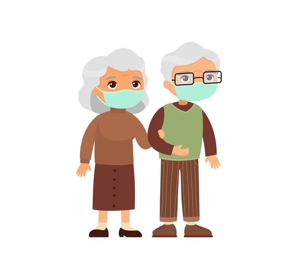 Tıbbi Maskeli Yaşlı Beyaz Bir Çift Son Sınıf Çifti Birlikte — Stok Vektör