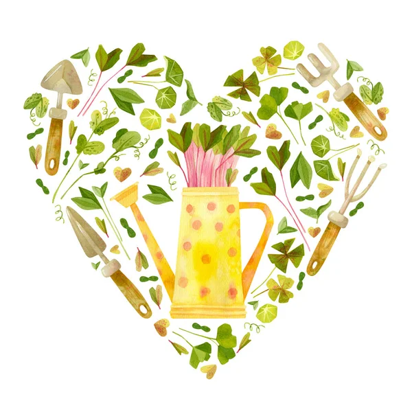 Cute Yellow Watering Can Garden Tools Leaves Heart Shaped Watercolor — Stock Photo, Image