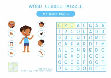 My body parts word search puzzle flat vector design. Anatomy learning game for kids template, cartoon worksheet idea. Childish printable crossword with human external organs names layout