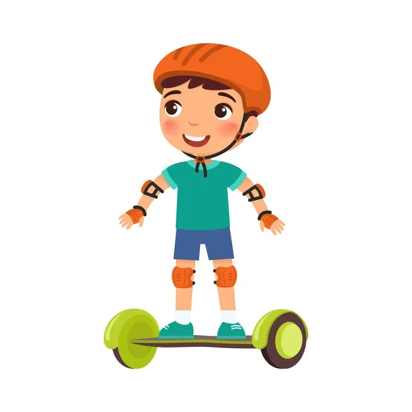 Kleiner Sportler Mit Gyroscooter Flachvektorabbildung Nettes Kind Das Selbstbalancierende Board — Stockvektor