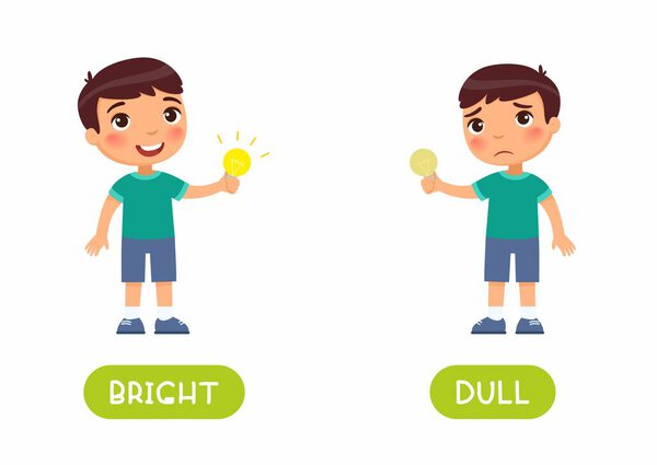 Cute boy holds a light bulb in his hand flat illustration with typography