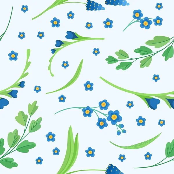 Блакитні Квіти Розпускають Плоский Векторний Ретро Безшовний Візерунок Анотація Диких — стоковий вектор