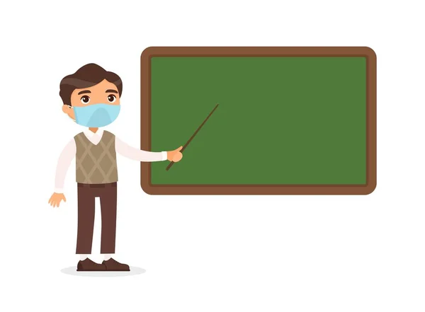 Male teacher with protective masks on his face standing near blackboard flat vector illustration. Tutor pointing at blank chalkboard in classroom cartoon character.  Respiratory virus protection, allergies concept.  School lesson, tutor explaining ta