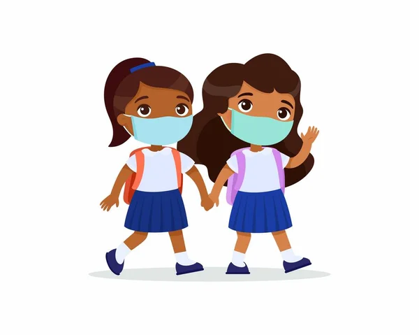 Hintli Liseli Kızlar Okula Düz Vektör Çizimine Gidiyorlar Yüzlerinde Tıbbi — Stok Vektör