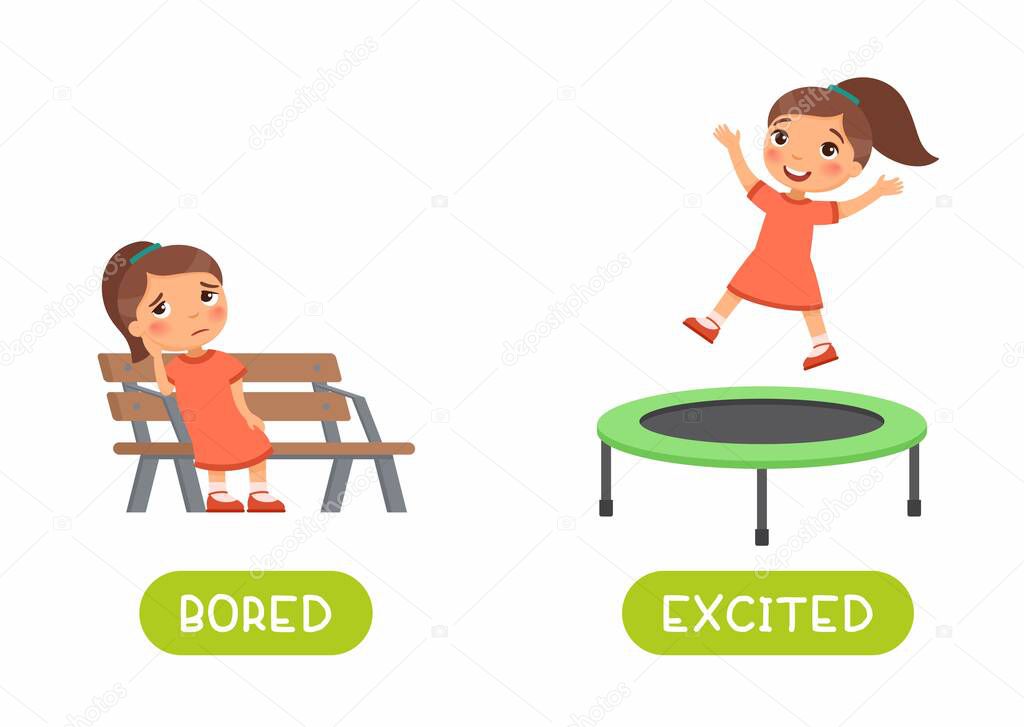 Girl jumping and sitting on bench illustration with typography. Excited and bored antonyms word card vector template. Flashcard for english language learning with flat character. Opposites concept. 