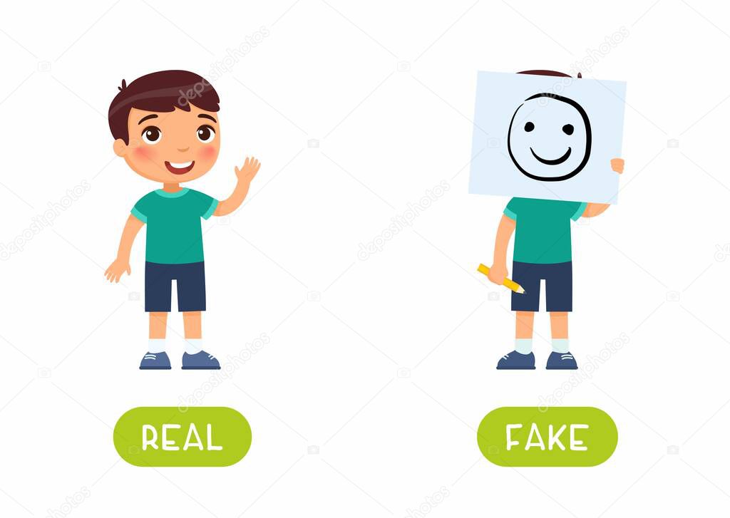 Real and fake antonyms word card vector template. Flashcard for english language learning with flat character. Opposites concept. Boy holding drawing of smiling face illustration with typography