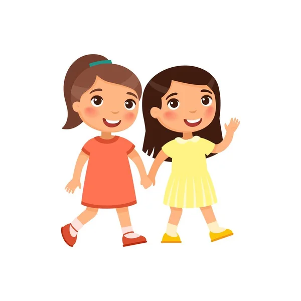 Δύο Κοριτσάκια Κρατιούνται Χέρι Χέρι Χαρακτήρες Κινουμένων Σχεδίων Χαμογελαστά Παιδιά — Διανυσματικό Αρχείο