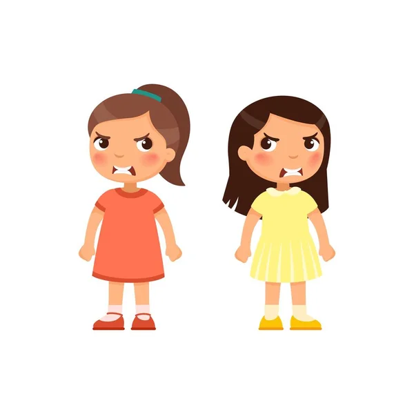Θυμωμένα Μικρά Κορίτσια Επίπεδη Διανυσματική Απεικόνιση Εξαγριωμένα Παιδιά Τσακώνονται Επιθετικά — Διανυσματικό Αρχείο