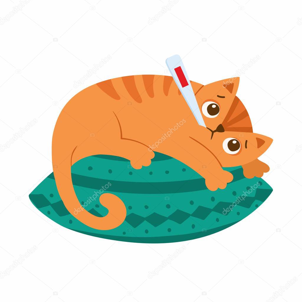 Sick cat with thermometer lies on the pillow flat vector illustration. Kitten with high temperature cartoon character. Fever, influenza symptom. Pet with cold isolated on white