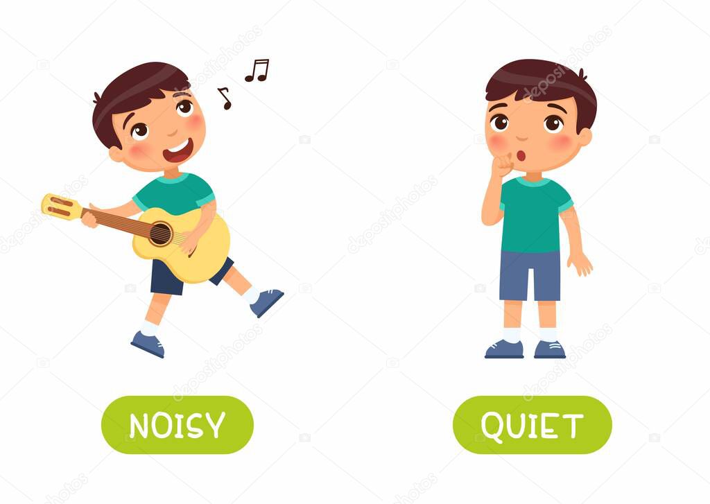 The little boy splaying guitar and the girl is silent. Illustration of opposites noisy and quiet. Card for teaching aid, for a foreign language learning. Vector illustration on white background, cartoon style.