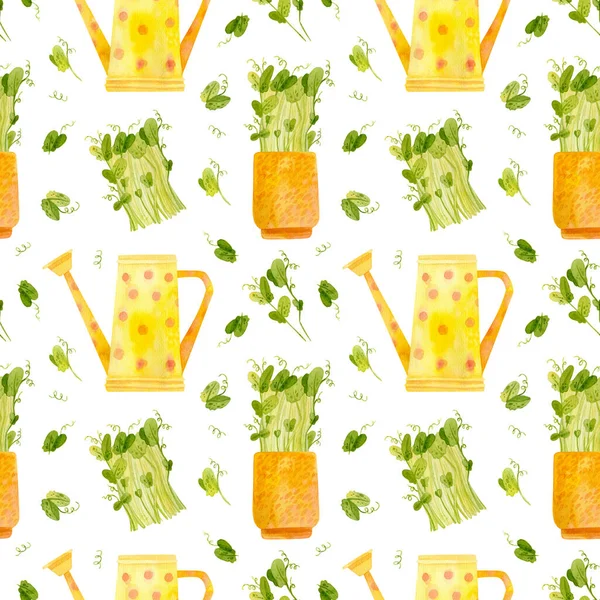 Spring garden seamless pattern. Yellow watering can and seedlings of pea. Cartoon greens  watercolor illustration. Wallpaper, wrapping paper design, textile, scrapbooking, digital paper.