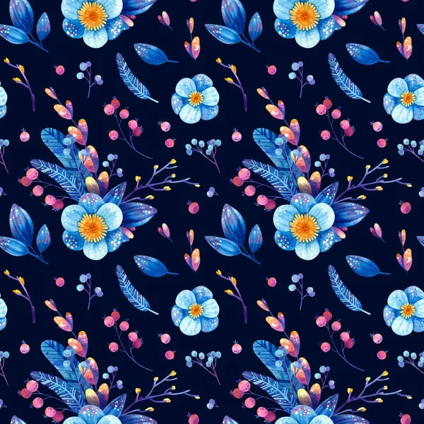 Безшовний Візерунок Синьо Фіолетовими Космічними Рослинами Стилізоване Пір Квіти Листя — стокове фото