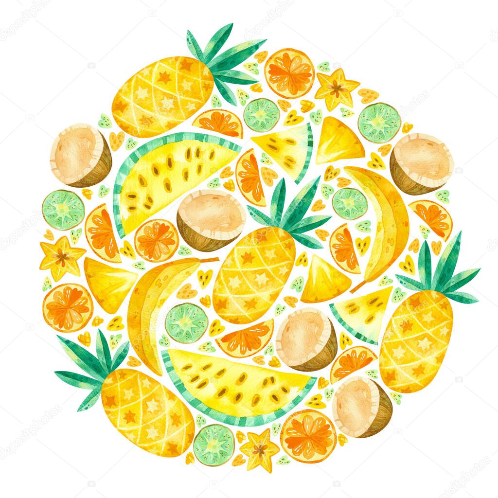 Full space circular frame with tropical fruits hand drawn illustration. Summer multifruit watercolor drawing.  Blank frame with confection isolated on white background