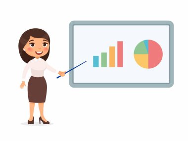 Ofis kıyafetli bir kadın grafikli bir demo panosuna işaret ediyor. Yüzünde bir gülümseme olan karakter. Beyaz arkaplanda vektör illüstrasyonu.