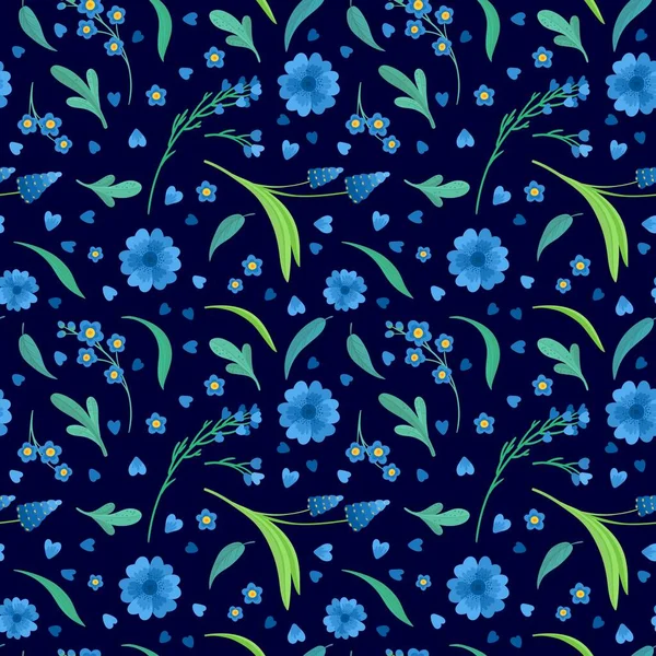 Flores Azules Flores Plano Vector Patrón Retro Sin Costuras Fondo — Archivo Imágenes Vectoriales