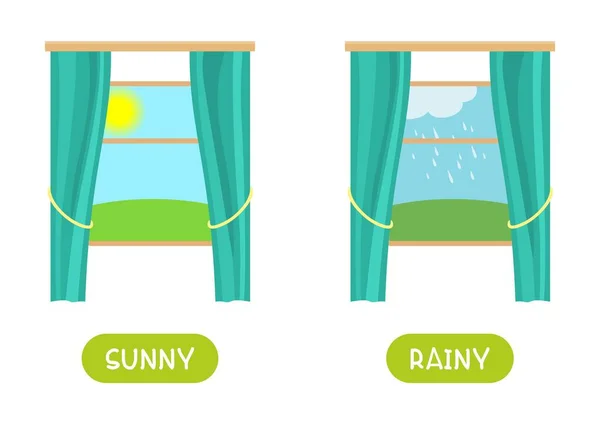 Concepto Antónimos Sunny Rainy Plantilla Tarjeta Flash Educativa Con Diferente — Archivo Imágenes Vectoriales